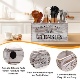 Rustic White Wooden Utensil Holder for Kitchen Counter Decor Extra Large Utensil Crock Organizer Silverware Caddy Farmhouse Wood Cutlery Holder Cooking Utensil Stand Storage kitchen Tools Holder