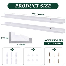 CRCHOM Picture Ledge Shelf White Floating Shelves 47.2" Set of 2 Wood Picture Shelves for Wall with Ledge Long Floating Shelf with Lip Display Photo Ledge Shelf for Living Room Bedroom Decor