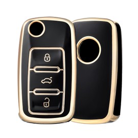 OFF WE GO Car Key Cover for VW Volkswagen Golf MK5 Polo Up Jetta Caddy Beetle Seat Ibiza Leon Skoda Fabia Tiguan Transporter, TPU Car Key Protective Case 3 Button Key Shell Flip Key - Black Gold