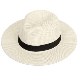 Skycase Panama Hat, Mountain Straw Hat with Band, Rollable Panama Hat Made of Straw, Packable for Beach, Holiday, Travel, Breathable Sun Hat for Men and Women, beige
