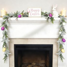 Guirnalda de huevos de Pascua de 6 pies con luces, decoraciones de primavera con orejas de cordero y aliento de bebé, guirnalda de huevos artificiales para decoración de ventanas de cocina del hogar