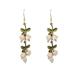 Chic White Bell Orchids Dangle Hook Earrings for Women Girls 14K Gold Plated CZ Pearl Green Leaf Drop Wedding Earrings Hoops Studs Fashion Jewelry Gifts BFF