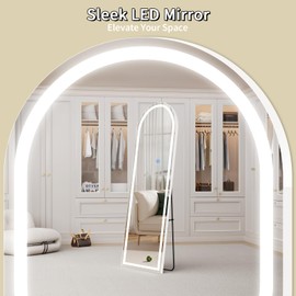 Koonmi LED Arched Full Length Mirror, 65"x24" Full Length Mirror with Lights, Lighted Floor Mirrors with Stand, Full Body Mirrors with Dimming & 3 Color Lightingfor Living Room Cloakroom, White