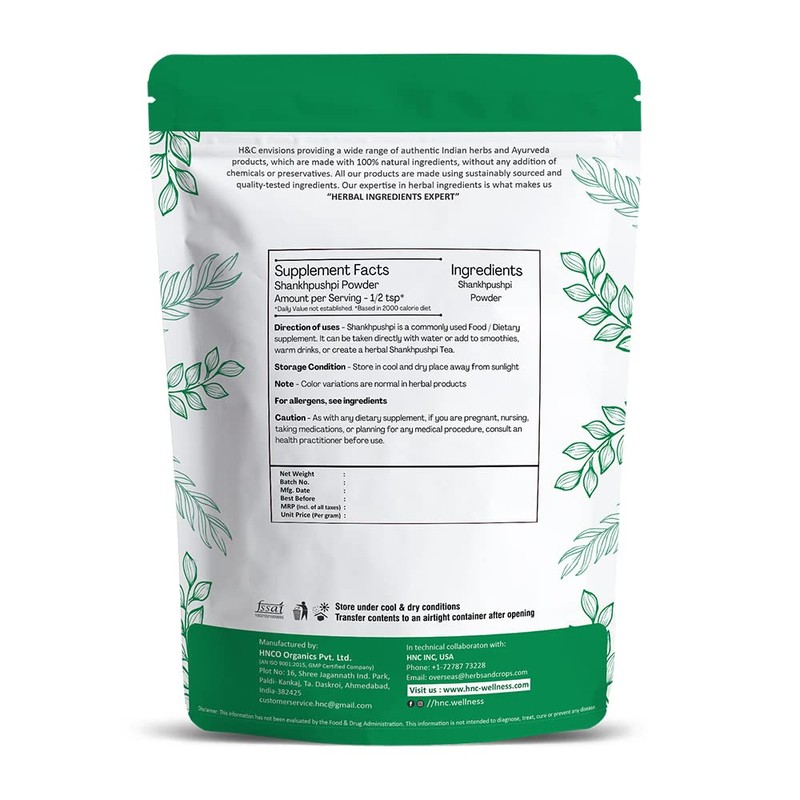 H&C Shankhpushpi Powder (Convolvulus pluricaulis) 227g / 0.5 Lb |