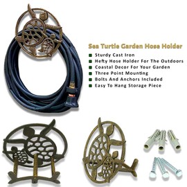 Bronze Sea Turtle Cast Iron Hose Holder: Decorative Wall-Mounted Garden Hose Hanger - Nautical Outdoor Decor Accentuating Your Space with Coastal Elegance