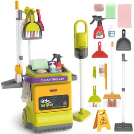 deAO Cleaning Set, 20 PCS Pretend Play Housekeeping Supplies Kit ,Includes Real Working Vacuum Cleaner, Broom, Spray Bottle,Toy Cleaning Set Gift - Color: Grew