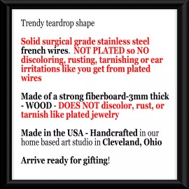 the fun things Floral Print Earrings NO TARNISHING Wood Teardrop Dangle Stainless Wires