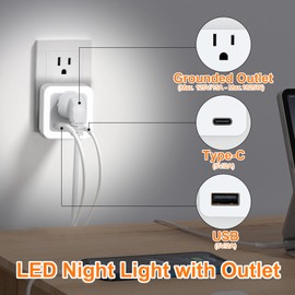 JackonLux Night Lights Plug Into Wall 2 Pack Rechargeable Battery Backup Light Dusk to Dawn Sensor Night Light with Outlet Expander for Adults Kids Bedroom, Kitchen, and Bathroom (Daylight - 5000K)