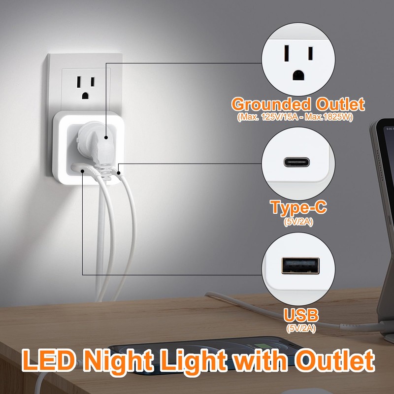 JackonLux Night Lights Plug Into Wall 2 Pack Rechargeable Battery
