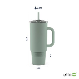 Ello Port - Vaso de 40 onzas con asa de transporte y asa integrada, botella de agua reutilizable de acero inoxidable aislada al aspiradora, taza de viaje con tapa a prueba de fugas y popote, perfecto