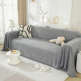 VClife Boho Light Gray Couch Cover for Dog, Chenille Sectional Slipcover with Tassels Breathable Non-Slip Solid Living Room Furniture Protector Multi-Functional Sofa Covers for 2-3 Seats Sofa