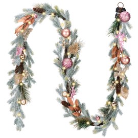 Decorbyhannah Christmas Garland with Lights, 9ft Prelit Christmas Garland Decorations with Ornaments, Pinecone and Butterfly, Battery Operated Christmas Garland Indoor for Mantle, Stairs(Pink Gold)