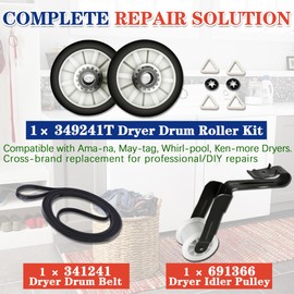 4392065 Dryer Roller Repair Kit, Fit Models NED4655EW1 WED4815EW1 WED4800XQ1 WED4800BQ1 WED4616FW0 MED5630TQ0, Including 349241T Dryer Drum Roller Kit, 341241 Dryer Belt, 691366 Dryer Idler Pulley
