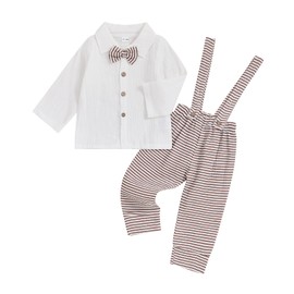 VISGOGO Toddler Boy Linen Outfit Baby Boy Fall Winter Clothes Set Button-Down Shirt Tops Cotton Linen Pants 2PCS (Brown-Striped, 12-18 Months)