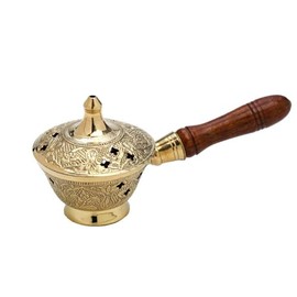 NKlaus Incense Pan with Wooden Handle for Frankincense Incense Mixture Incense Burner Brass Gold Solid Handmade Decoration Esoteric 7538