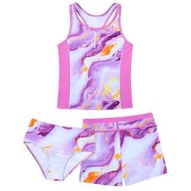 UNICOMIDEA Girls Swimsuit 3 Piece Tankini Bathing Suit for 10-11 Years Kids Beach Swimwear with Shorts Sequins Pattern Party Vacation Pool