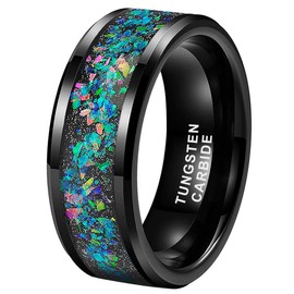 TUTISS 8mm Black Tungsten Wedding Bands for Men Women Galaxy Opal Inlay Fashion Engagement Rings Beveled Polished Shiny Comfort Fit Size 14