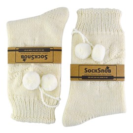 Sock Snob - Ladies Chunky Warm Soft Alpaca Wool Blend Pom Pom Bed Socks (4-8, Cream)