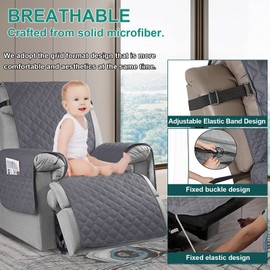 Waterproof Recliner Chair Cover, Recliner Sofa Coves with 6 Side Pockets, Anti-fouling 1 Seats Recliner Armchair Cover, Non-slip Chair Protectors for Recliner with Adjustable Tightening Straps, Grey