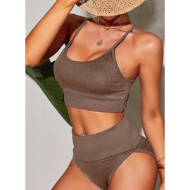 Herseas Women Two Piece Cheeky Scoop Neck Bikini Solid Color Crop Top High Cut Swimsuit Sporty High Waisted Bathing Suit with Bottoms Brown X-Small 0 2