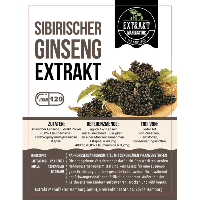 Siberian Ginseng 10:1 Extract | 0.8% Eleutheroside | 120 Capsules
