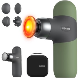 RENPHO Mini Thermal Massage Gun with Heat, Portable Deep Tissue Percussion Massager, Color Silicone Sleeves Travel Size with Carry Case, Olive Drab