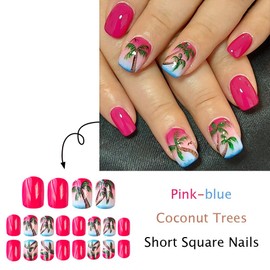ONPRESS 24Pcs Summer Press on Nails Short Square Fake Nails with Pink Ombre Design Coconut Tree Full Cover Acrylic Nails False Nails Blue Gradient French Tip Glue on Nails Stick on Nails for Women