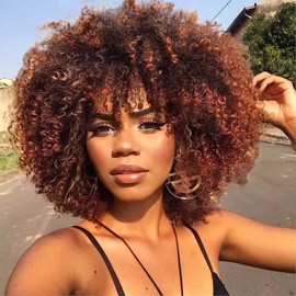PORSMEER Curly Afro Wig Women's Full Fluffy Hair Kinky Curly Bob Ombre Dark Brown Wig Volume with Fringe for Black Women Natural Synthetic Hair Wig 14 Inches Dark Brown with Auburn