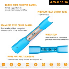 140pcs 16-14 Gauge Heat Shrink Butt Connectors Marine Grade Insulated Butt Splice Blue Heat Shrink Butt Wire Connectors Butt Splice Connectors Electrical Waterproof Pre-Insulated Wire Crimp Terminals