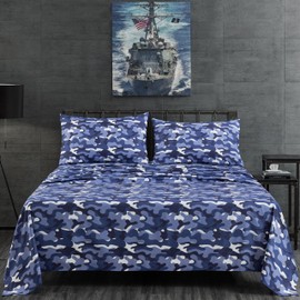 Chezmoi Collection Military Camo 4-Piece Sheet Set - Camouflage Blue Gray Printed Microfiber Soft Breathable Deep Pocket Sheets and Pillowcases Set, Full Size