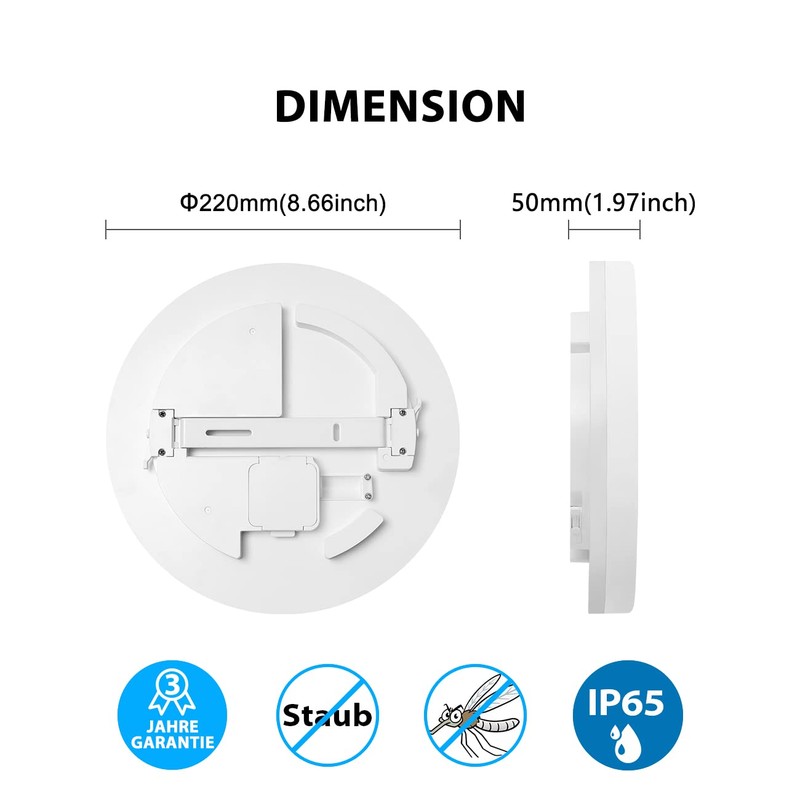 LVWIT 18 W LED Round Ceiling Light, IP65 Waterproof Bathroom
