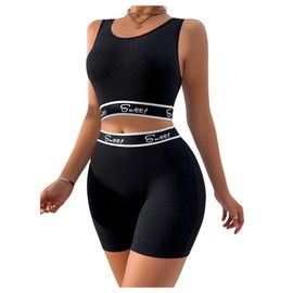 Verdusa Women's 2 Piece Letter Print Bra Set Bralettes Scoop Neck Sports Top and Biker Short Black