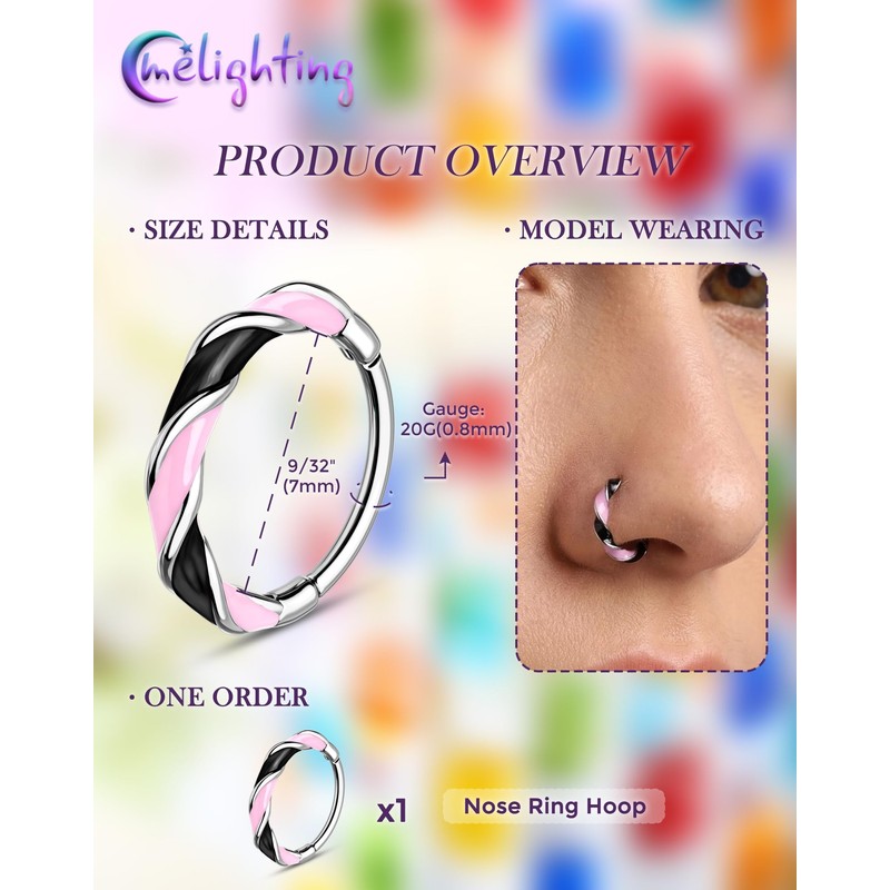 20G Twist Nose Ring Hoop Stainless Steel 316L Piercing Black