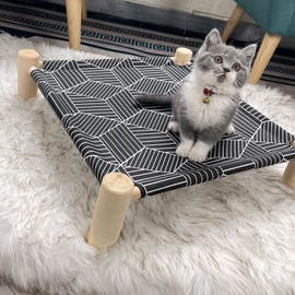 Pozico Cat/Dog Bed Hammock Cat Bed, Wooden Dog Elevated Indoor Outdoor Beds, Raised Cat Cots Furniture Pet Bed Puppy Bed Portable Breathable Mesh Cat Beds for Small Animals-Black Diamond