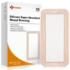 CARBOU Apósito de silicona superabsorbente Carbou de 10 x 20 cm, paquete de 10 unidades, autoadhesivo, impermeable, suave y muy absorbente para el cuidado de heridas, quemaduras, escaras, traumatismos