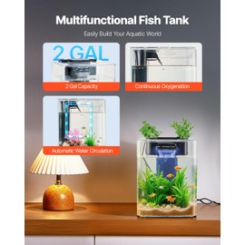 VEVOR Fish Tank Aquarium, 2 Gallon Arch Ultra-Clear GPPS Starter Smart Tank Adjustable 3 Color Lighting, Self Cleaning System Fishbowl for Freshwater & Saltwater Fish Home, Office, or Pet Use