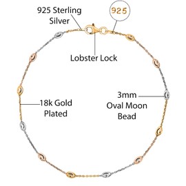 Savlano 18K Gold Plated Over 925 Sterling Silver Station Oval Moon Bead Anklet Chain For Women. Silver, Gold, Rose Gold - Made in Italy Comes With a Gift Box (3C, 9)