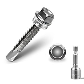 Jyvex Pack of 100 Self-Tapping Screws M6.3 x 25 mm 410 Stainless Steel Self Tapping Screws Hexagonal Screws with Sealing Disc and Hexagonal Socket Key Drilling Screws Metal Roofing Screws