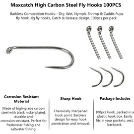MAXIMUMCATCH Maxcatch 100pcs Fishing Hooks High Carbon Steel Fly Tying Fishing Hooks Dry&Wet&Nymph&Shrimp Caddis Pupa Jig Hooks with Plastic Box (#16, MC-5220 Jig Fly Hook (Barbless))