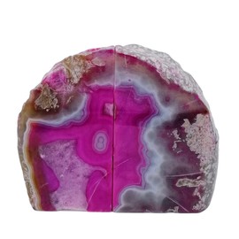 Agate Bookends Natural Crystal Unique Geode Book Ends Dyed Pink 3-4 lbs for Heavy Books 1 Pair with Rubber Bumpers