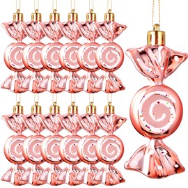 Threan Hanging Ornament, 12 Pieces Plastic Christmas Candy Cane Ornaments with Golden Ropes, Rose Gold, for Xmas Party Home Decorations
