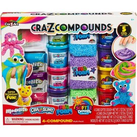 Cra-Z-Slimy Slime Compound Set Toy, 4 compound pack includes multiple unique compounds. 4 cans of Softee Dough, 4 cans of Cra Z Slimy, 3 bags of Fab Foam, 3 bags of Modelite and 5 bags of glitter
