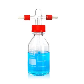 ALWSCI Lab Gas Washing Bottle Glass 500mL Graduated Lab Buffer Bottle, Drechsel Head GL45 with Filter disc Adjustable Immersion, 2 threads GL14 PBT Red Screw Cap, 1set