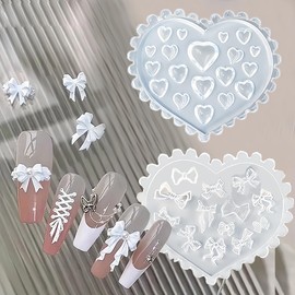 3D Bow Heart Charms Nail Tools Cute Resin Bows Hearts Nail Stencils Valentine's Day DIY Acrylic Nail Design Bow Heart Designs Kit for Women Holiday Daily Manicure Decoration DIY Nails