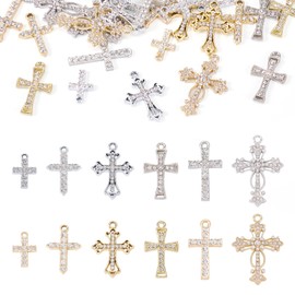 Sparkeads 24 Pcs Cross Rhinestone Charms Crystal Crucifix Dangle Charms Golden Silver Rosary Pendants for Easter Jewelry Bracelet Women Necklace Earring Craft Accessory Decoration, Metal Rhinestone,