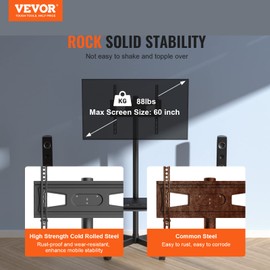 VEVOR Mobile TV Stand for 23-60 inch TVs Screen Holds up to 88lb, Height Adjustable Rolling TV Stand with Locking Wheels and Tray, Max VESA 400x400mm, Movable Floor TV Stand for Bedroom, Living Room