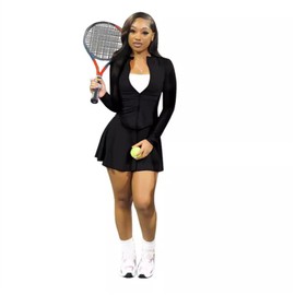 Elainone 2 Piece Tennis Golf Skorts Skirt Sets for Women Mini Skirt with Shorts Set Going Out Outfits Long Sleeve Zipper Crop Top Mini Dress Sweatsuit