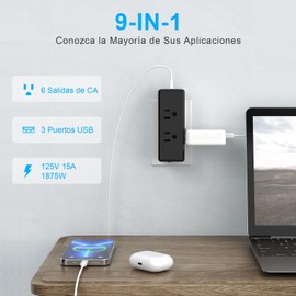 NVEESHOX Regleta Enchufe Multiple, Multicontacto USB con 6 Salidas CA y 3 USB, Alimentación Conector Multiple Outlet Extender Regleta de Enchufe Extension Electrica para el Hogar, Oficina
