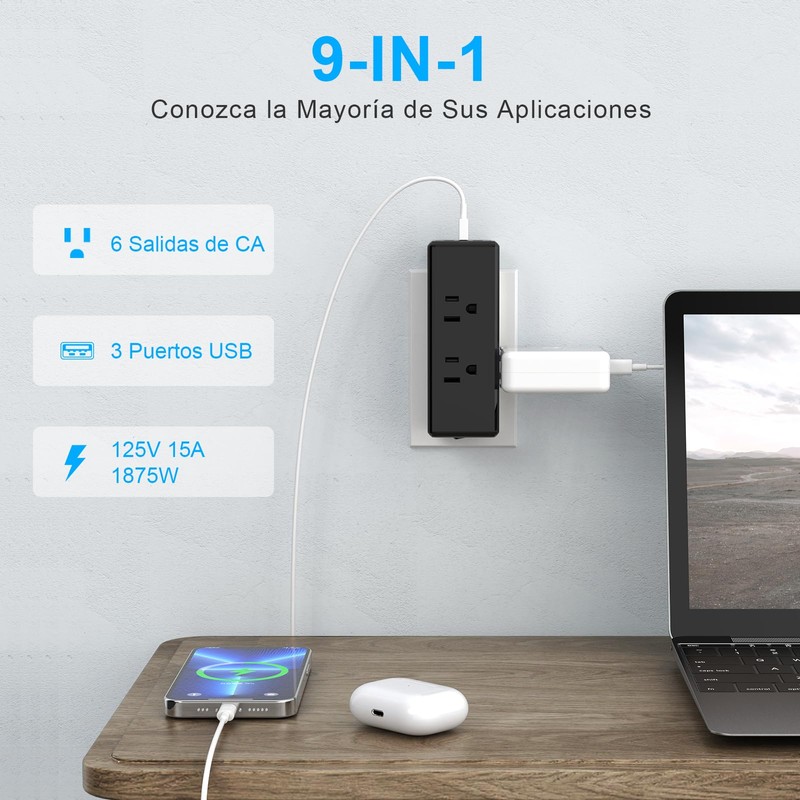 NVEESHOX Regleta Enchufe Multiple, Multicontacto USB con 6 Salidas CA