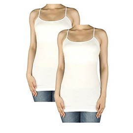 Fashiondio Women Basic Built in Inner Bra Extra Long Spaghetti Cami Adjustable (Large, White, White)